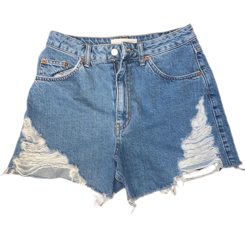 Topshop Women's Distressed Denim Mid Rise Shorts